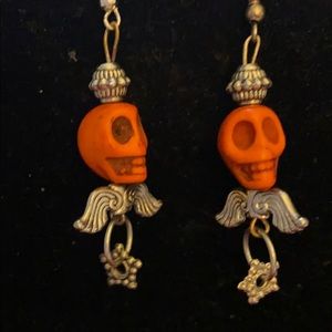 SPOOKY Fun orange & silver tone winged skulls  earrings